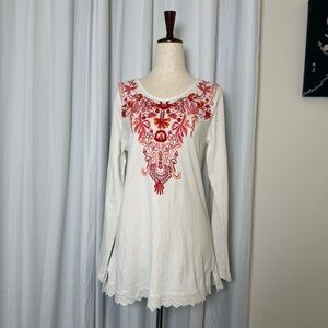 Soft Surroundings Embroidered Tunic Top White Red Pink Size Medium Boho
